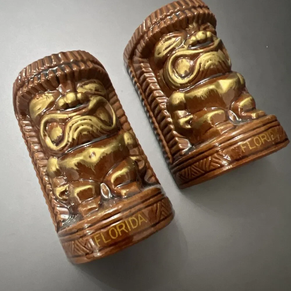 Vintage Brown Glaze Red Clay Tiki Salt & Pepper Shaker Set “Florida” 3.25” Japan